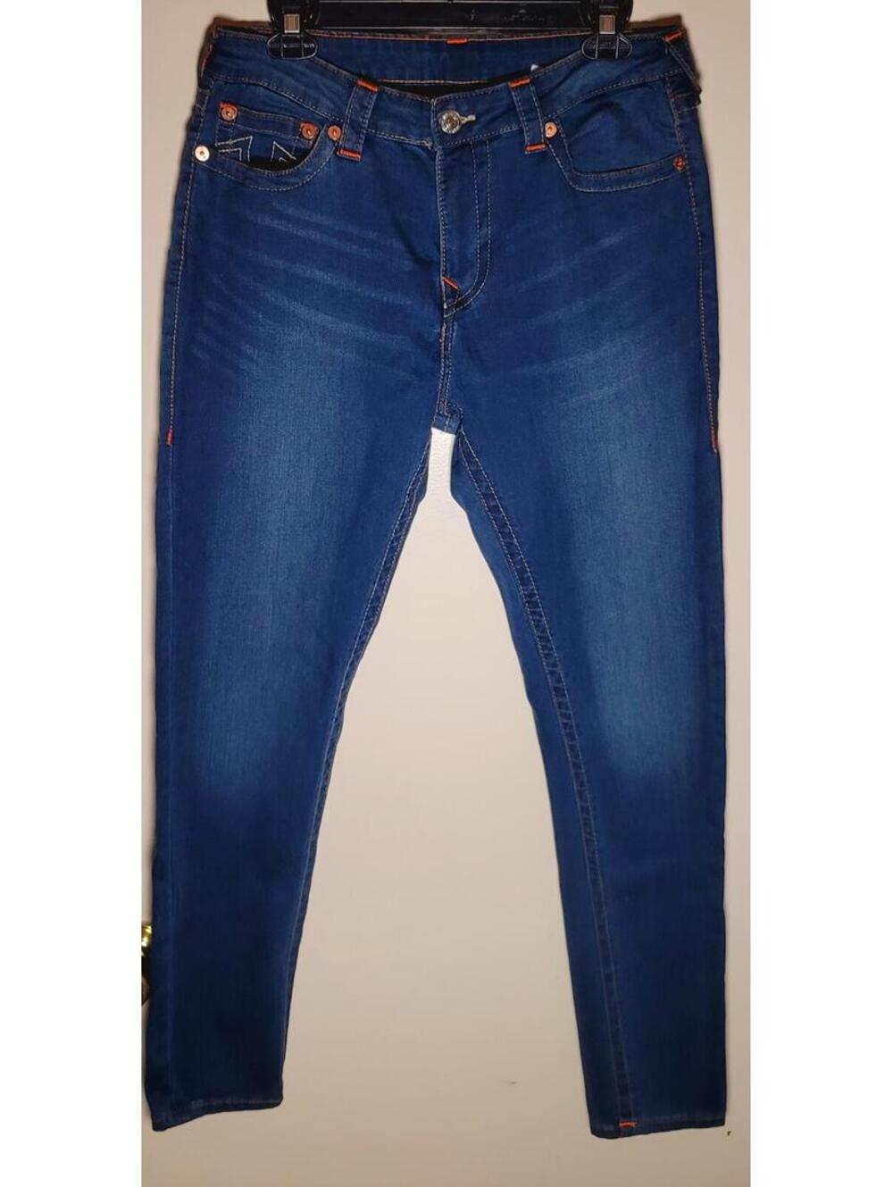 True Religion Jennie Curvy Low Rise Skinny Jeans Blue Orange Stitch Waist 32